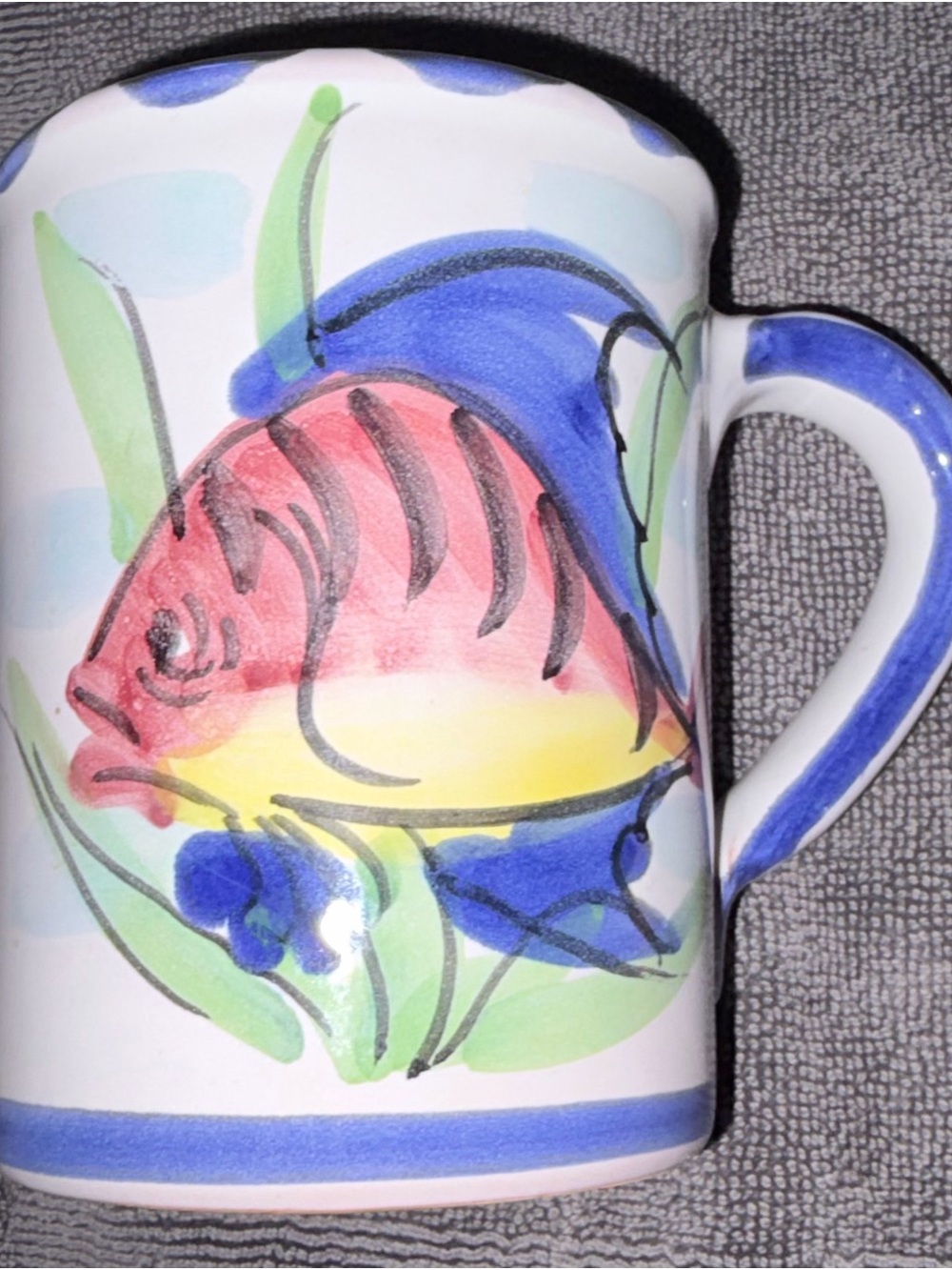 Vietri Hand-Painted Ceramic Mug with Blue Handle and Multicolor Fish